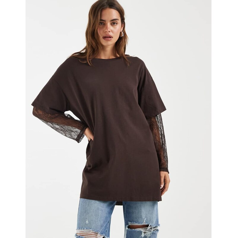 Bronze Snake Amanda lace sleeved tee in dark chocolate-Brown 115409207