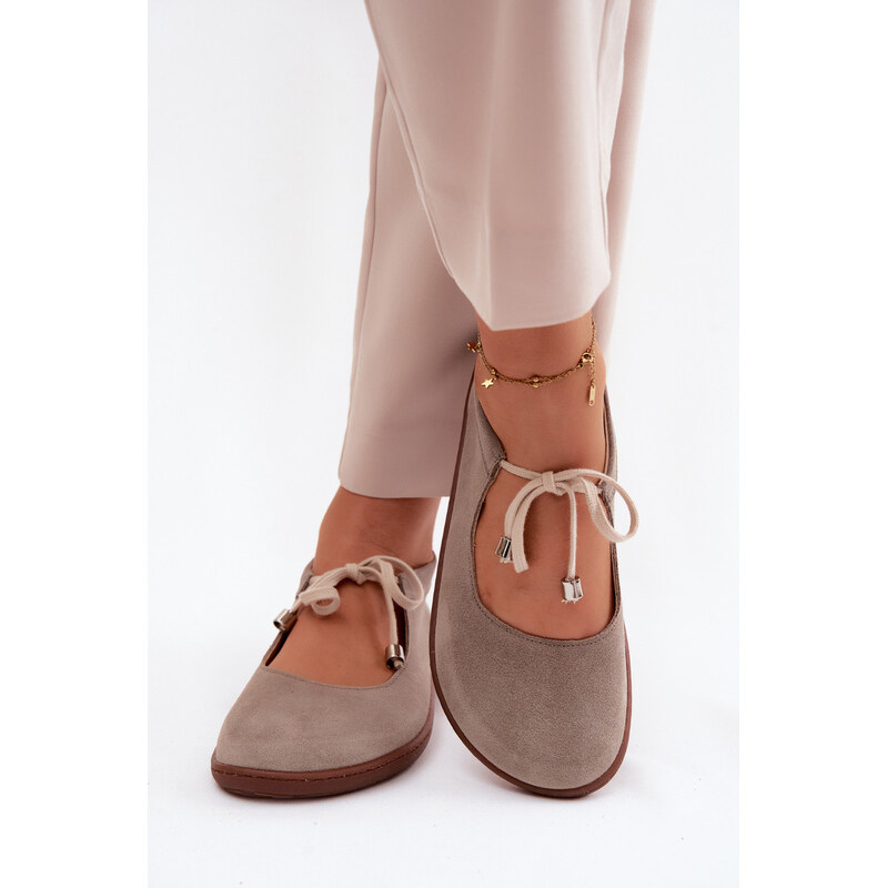 Kožené semišové baleríny Barefoot na šněrování Zazoo 021 Cappuccino 115219634