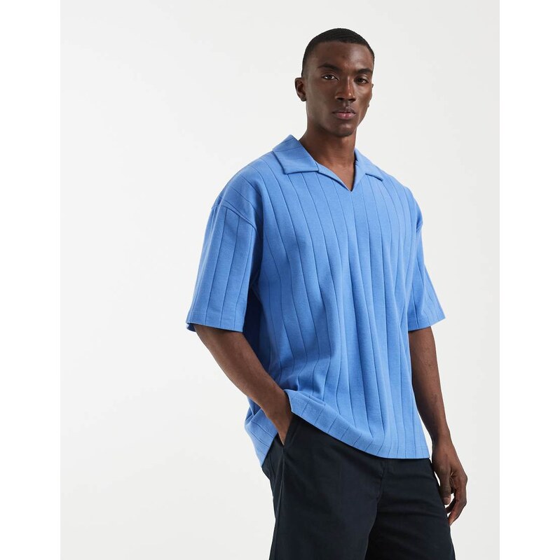 ASOS DESIGN oversized revere polo in blue wide rib