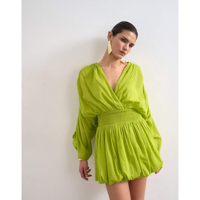 Topshop cotton long sleeved deep plunge bubble hem mini dress in