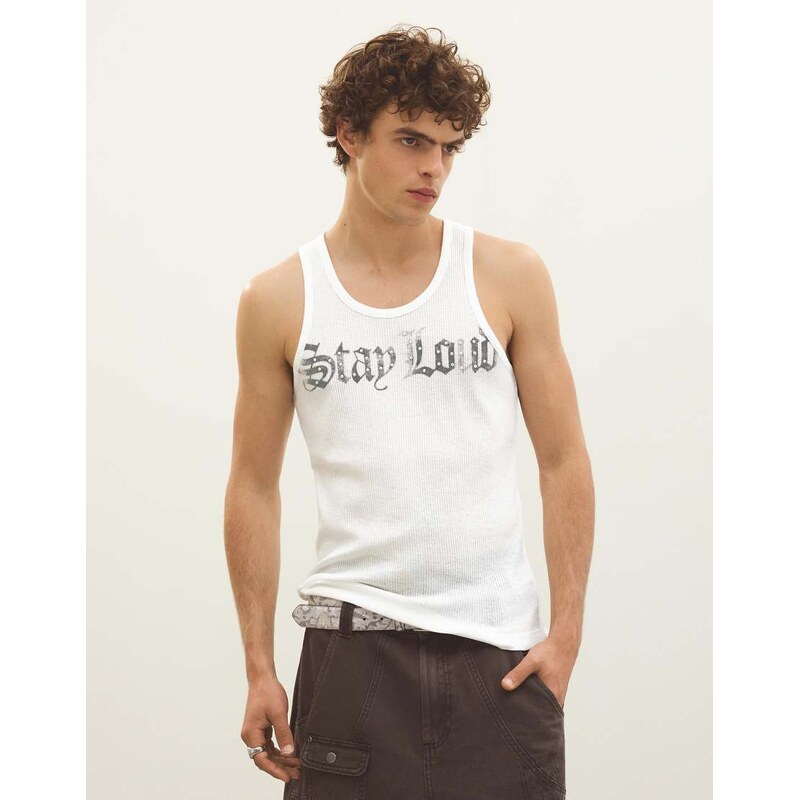 Bershka Printed ribbed vest top in white