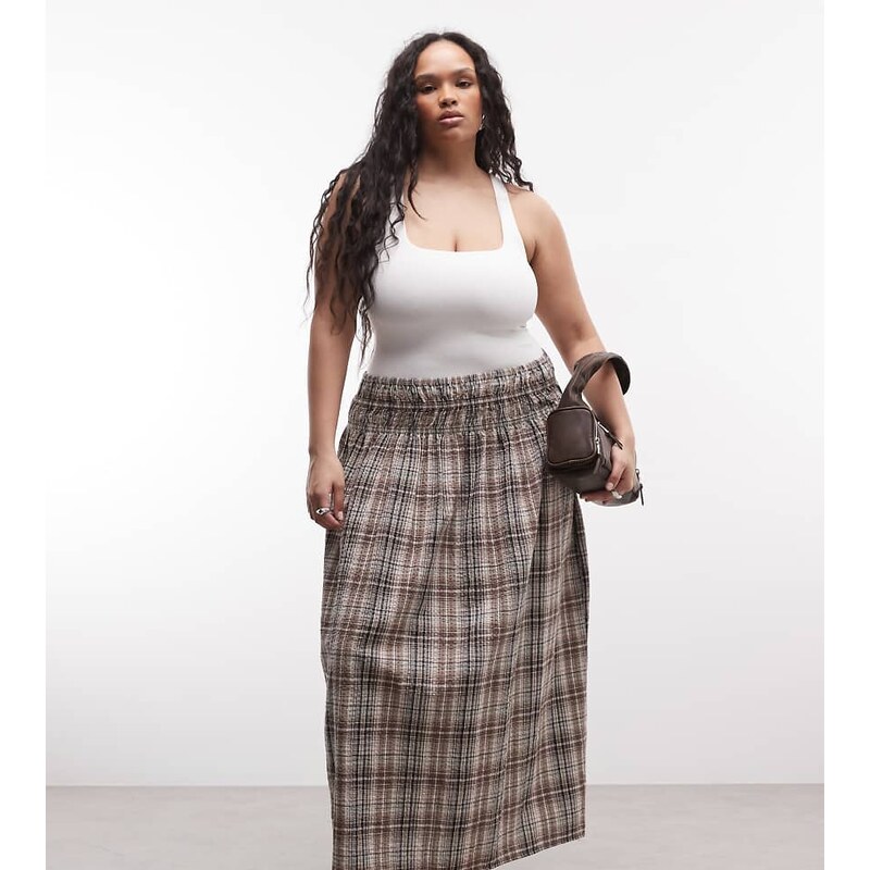 COLLUSION Plus shirred waist band maxi skirt in brown check