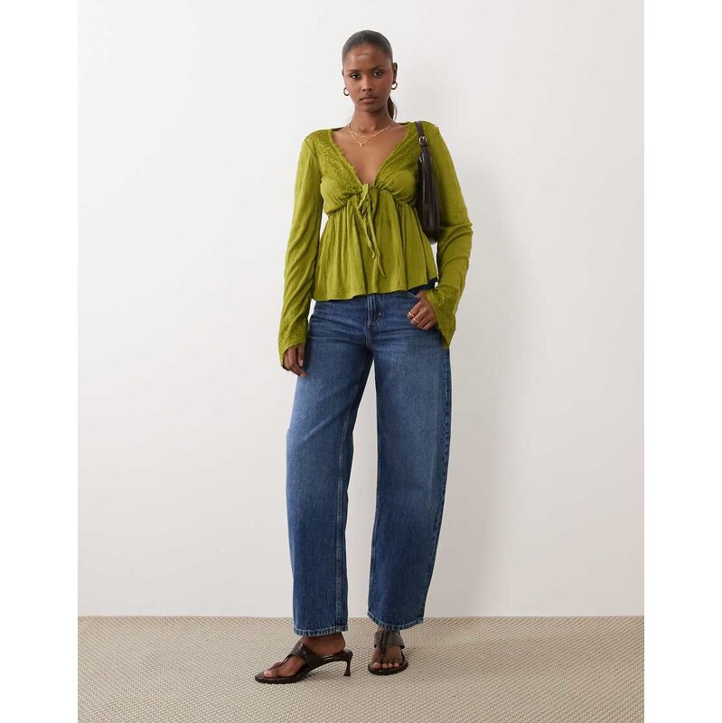 ASOS DESIGN crinkle lace trim plunge top with flare sleeve in