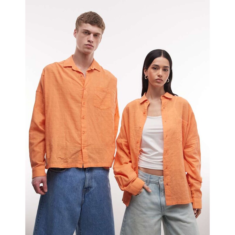 COLLUSION Unisex oversized long sleeve textured grid check shirt in 115220526