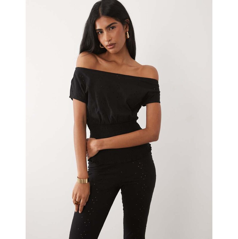 ASOS DESIGN co-ord broderie shirred off shoulder top in black
