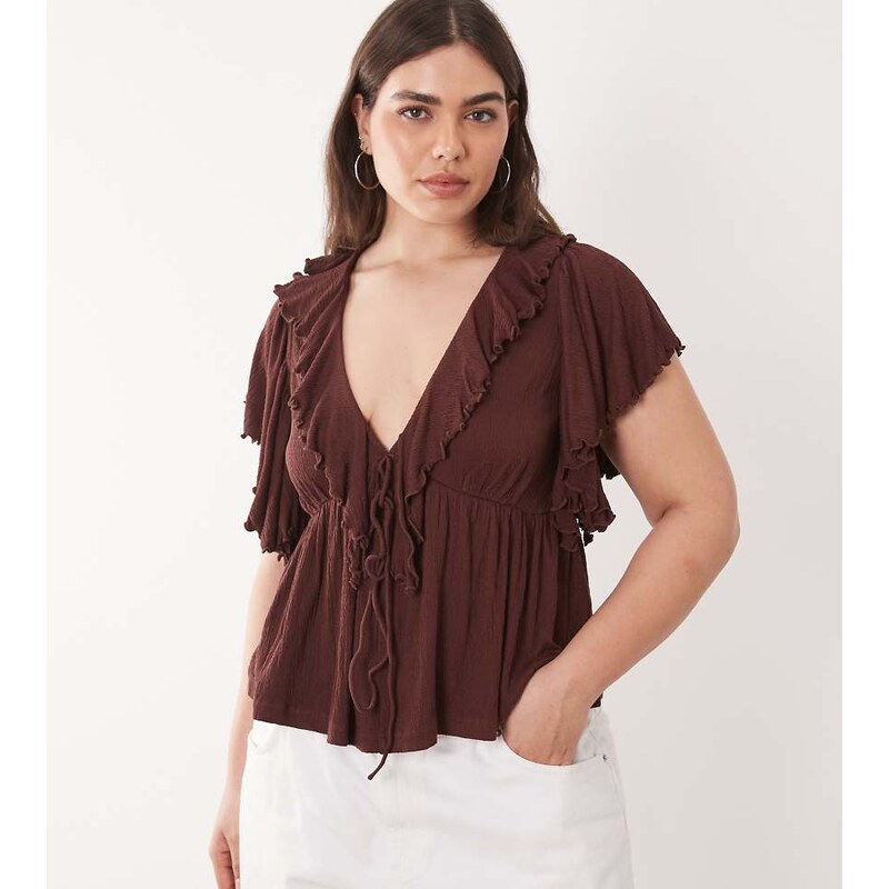 ASOS Curve ASOS DESIGN Curve crinkle plunge ruffle flutter sleeve top 115220528