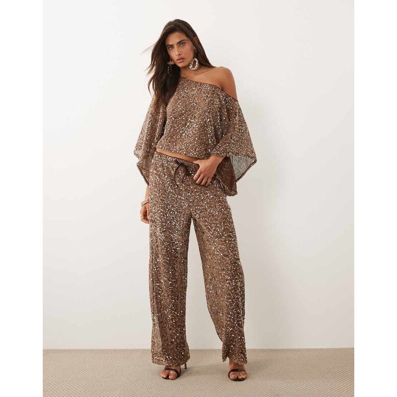 ASOS DESIGN sheer crochet sequin wide leg trouser in brown
