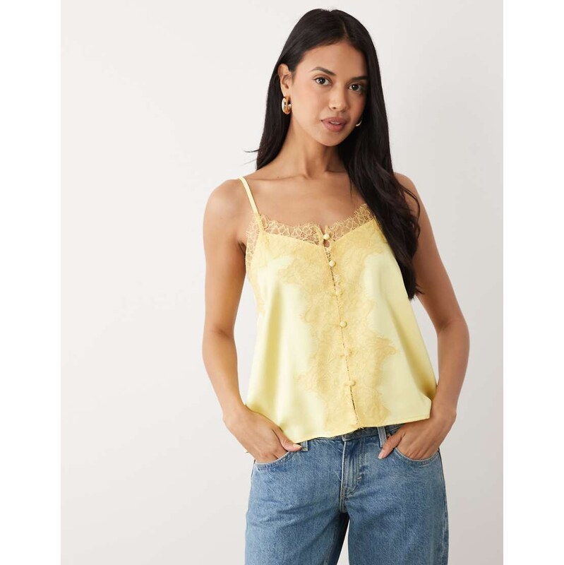 ASOS DESIGN satin lace trim tie cami top in butter yellow