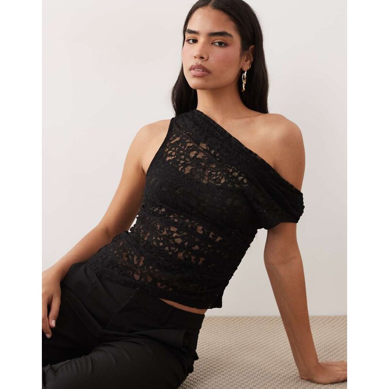 ASOS DESIGN sheer lace ruched asym top in black