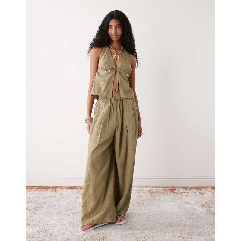 COLLUSION cheesecloth beach balloon trouser co-ord in khaki-Green 115227247