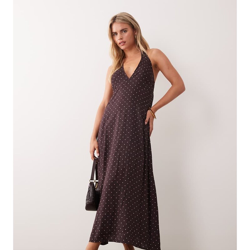 Miss Selfridge Petite spun halter maxi dress in polka dot-Multi