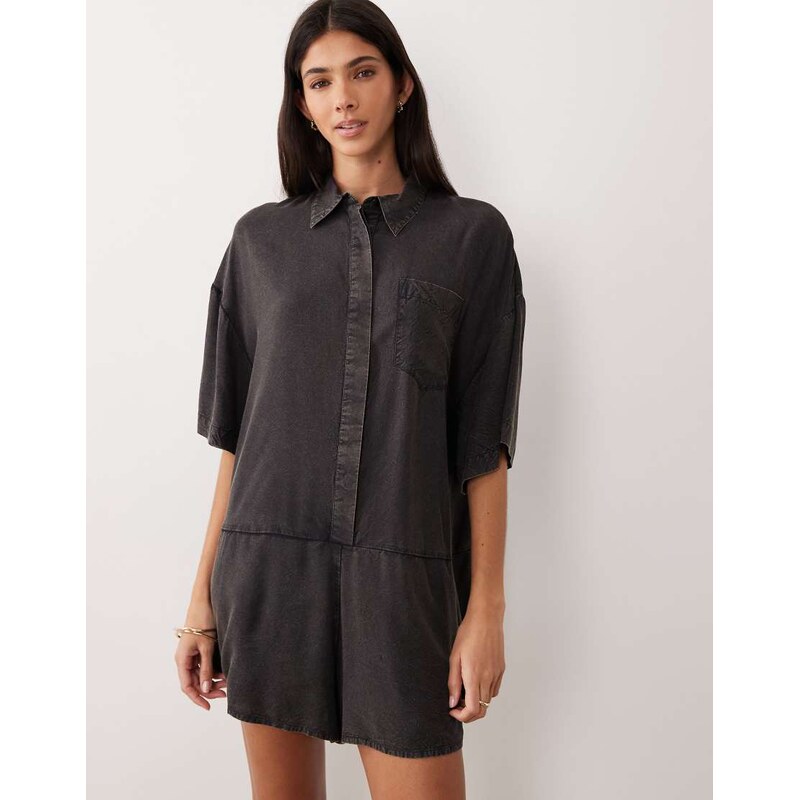 ASOS DESIGN oversized shirt playsuit in washed black