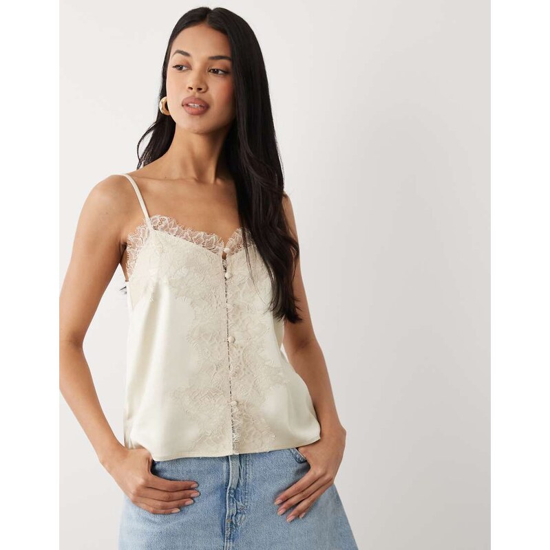 ASOS DESIGN satin lace trim tie cami top in cream-White