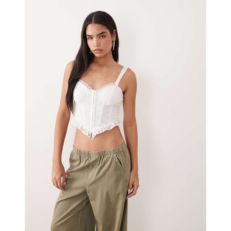 ASOS DESIGN lace corset top with ruffle hem in white