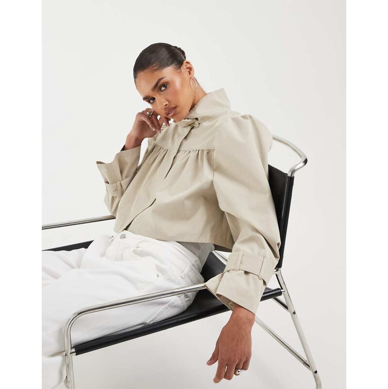 ASOS DESIGN funnel neck jacket in linen in stone-Neutral 115220573