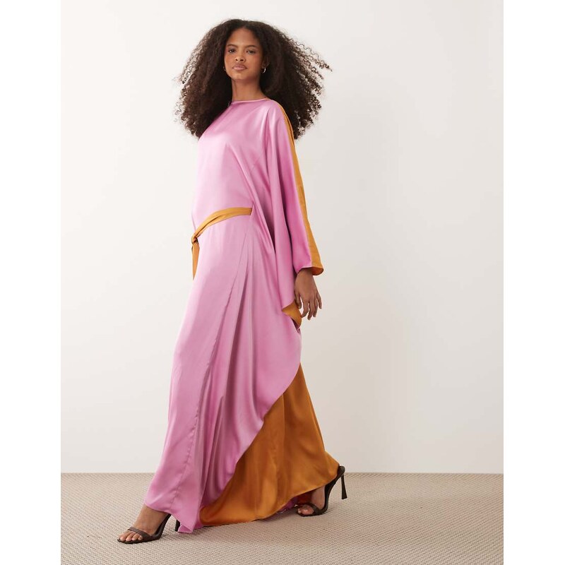 IYAL satin contrast bell sleeve maxi belted kaftan dress in pink