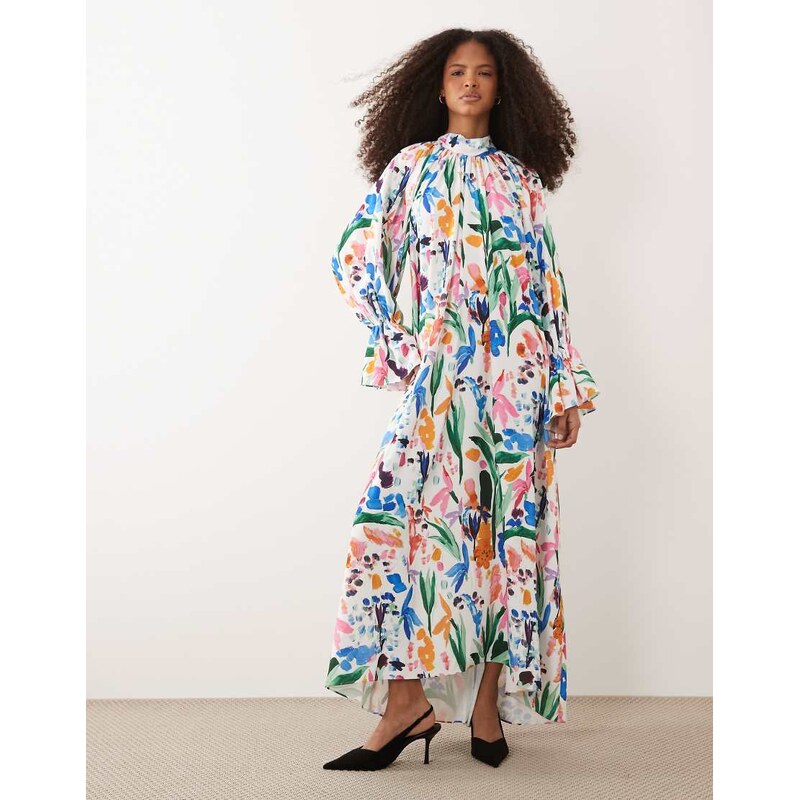 IYAL high neck cuff sleeve detail floaty maxi dress in bright 114154666