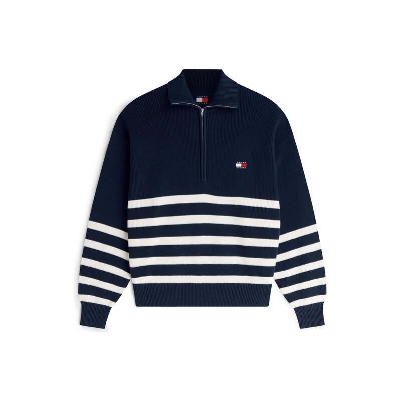 Tommy Jeans Svetr Tommy Badge Stripe Quarter-zip marine modrá /