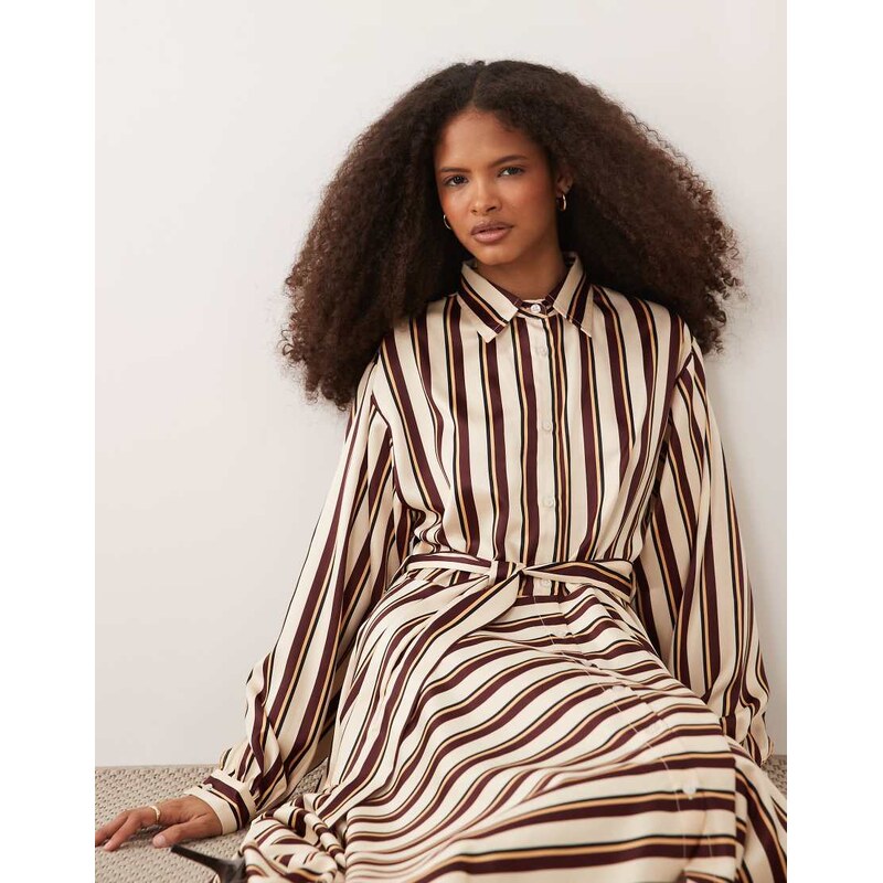 IYAL satin tie waist maxi shirt dress in brown stripe-Multi 114733734