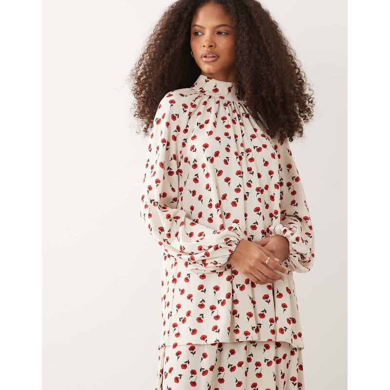 IYAL high neck balloon sleeve floaty top co-ord in cream rose print 114154660