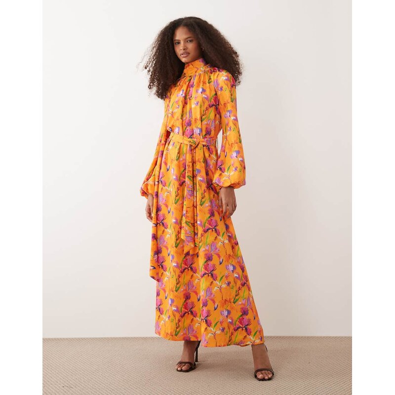 IYAL high neck balloon sleeve tie waist maxi dress in orange floral 114154662