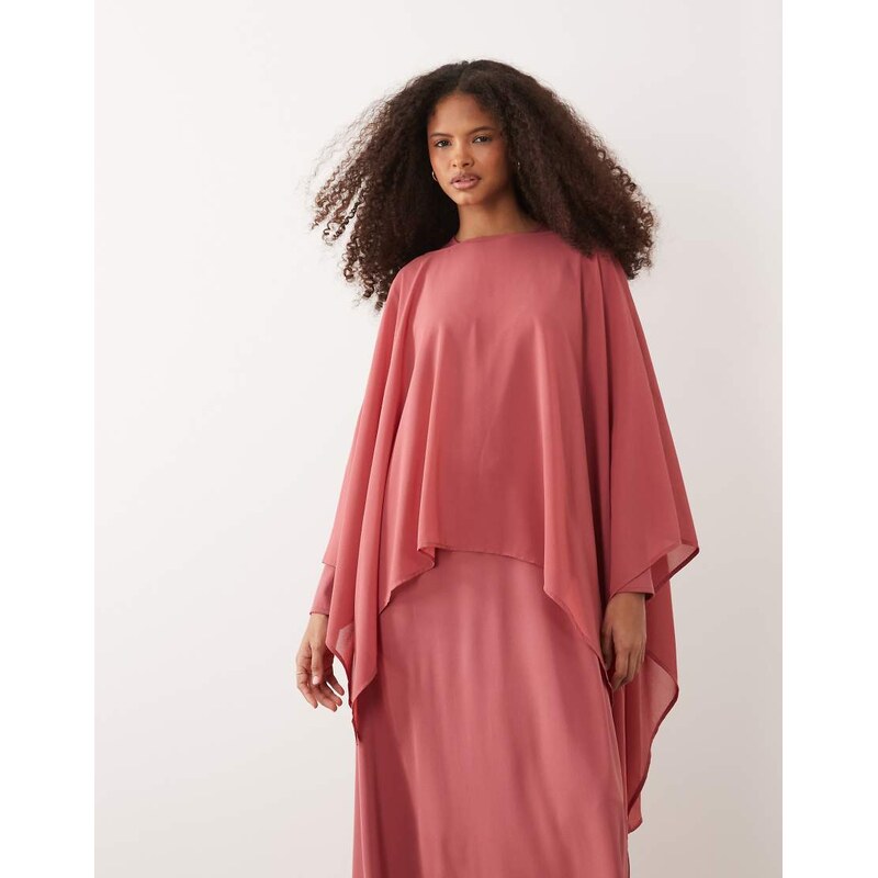 IYAL chiffon overlay cape drape detail satin maxi dress in coral pink 114154669