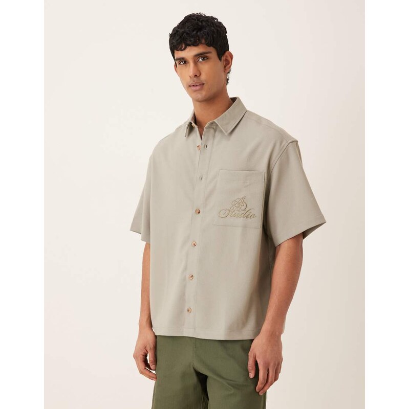 ASOS DESIGN oversized textured shirt with chest embroidery in
