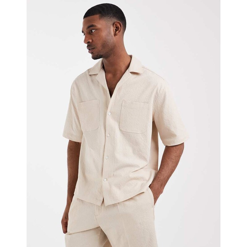 ASOS DESIGN smart co-ords relaxed shirt in stone seersucker