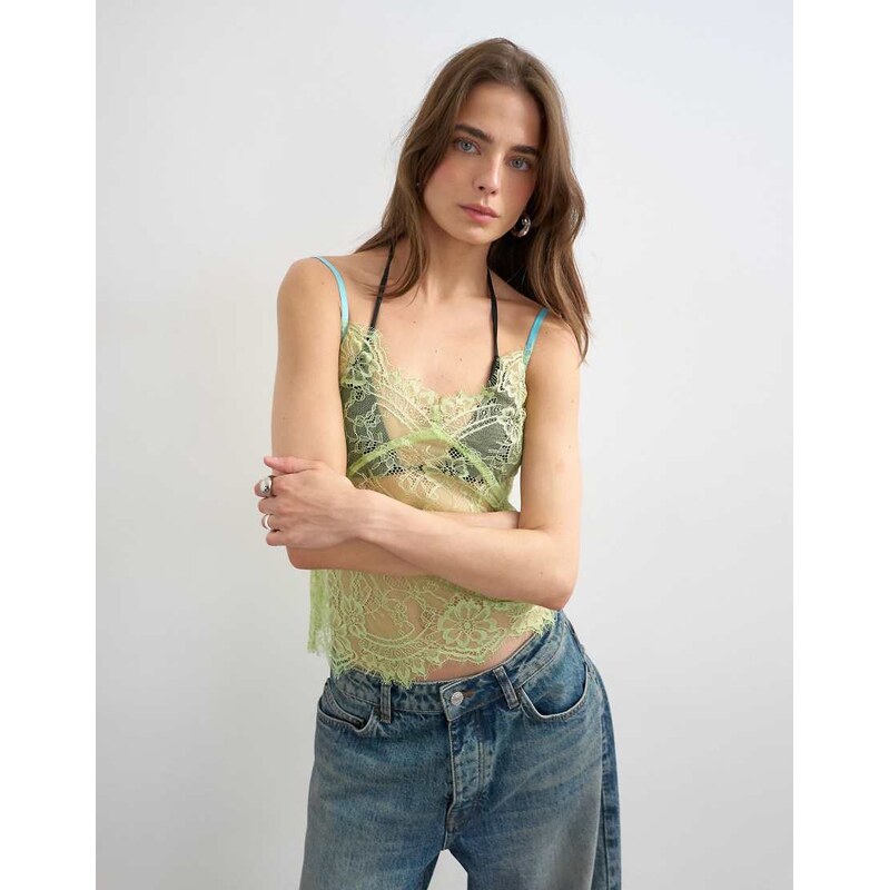 Topshop lace cami top in lime green with blue tipping-No colour