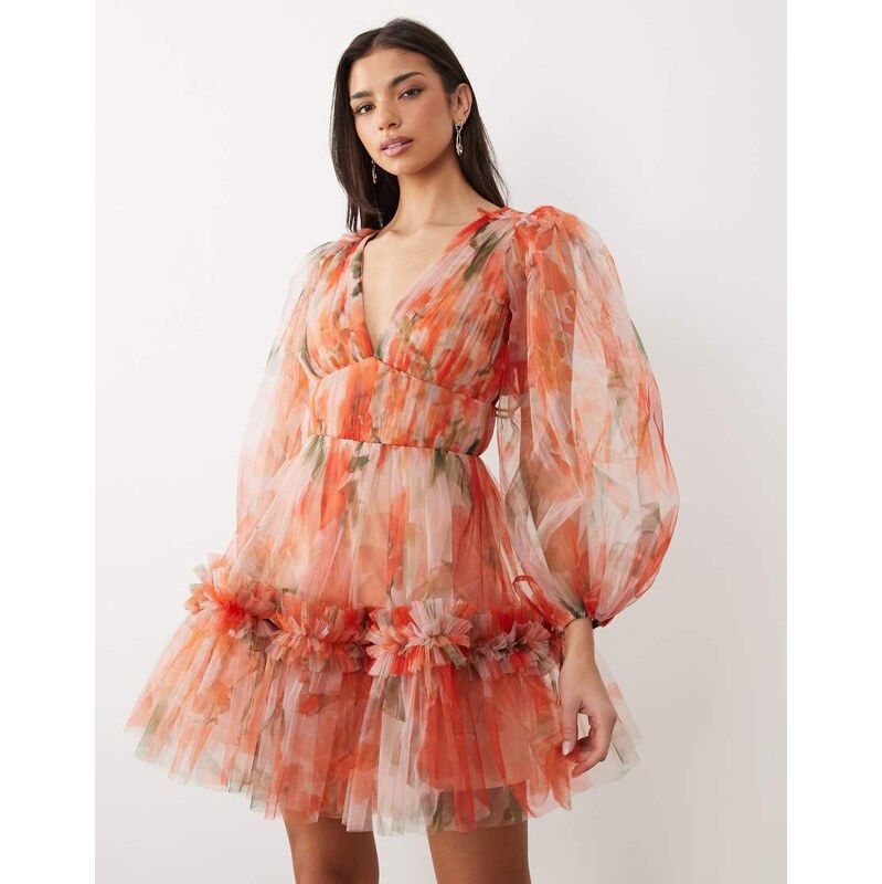 Lace & Beads organza v-neck balloon sleeve mini dress in bright