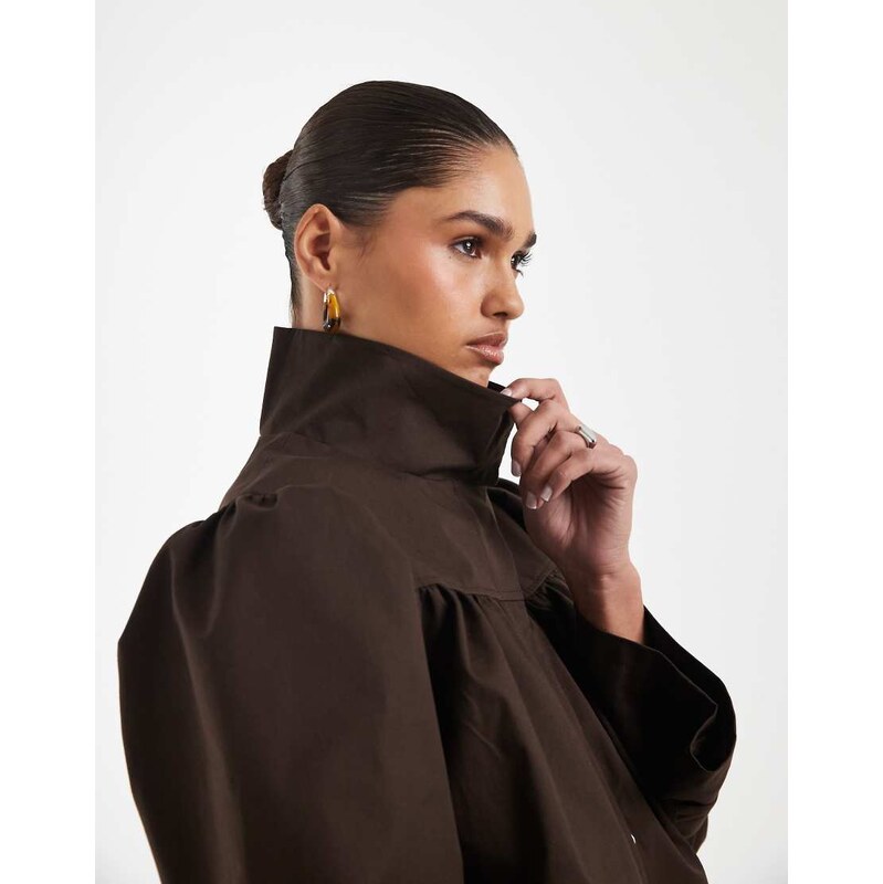 ASOS DESIGN funnel neck jacket in linen in chocolate brown