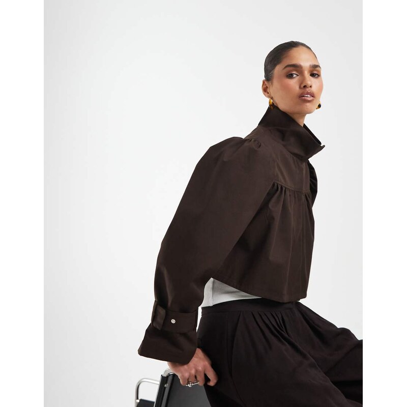 ASOS DESIGN funnel neck jacket in linen in chocolate brown