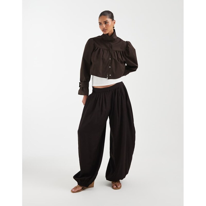 ASOS DESIGN funnel neck jacket in linen in chocolate brown