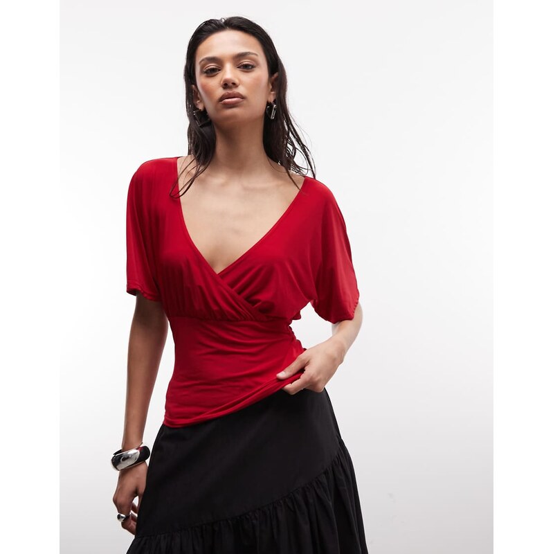 Reclaimed Vintage wrap cinch waist top in red-Multi 115227326