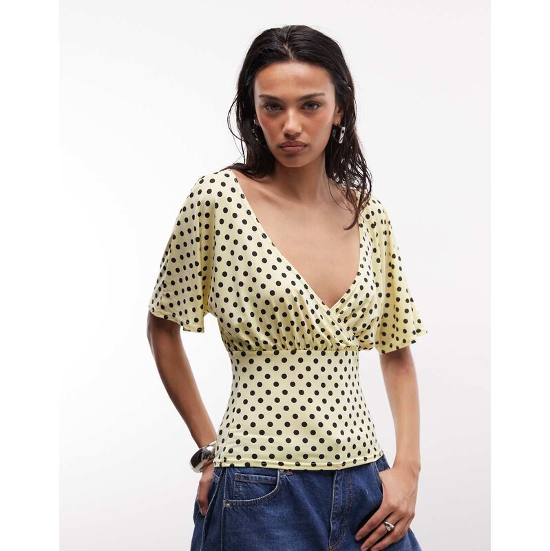 Reclaimed Vintage wrap cinch waist top in micro polka dot in yellow 115227327