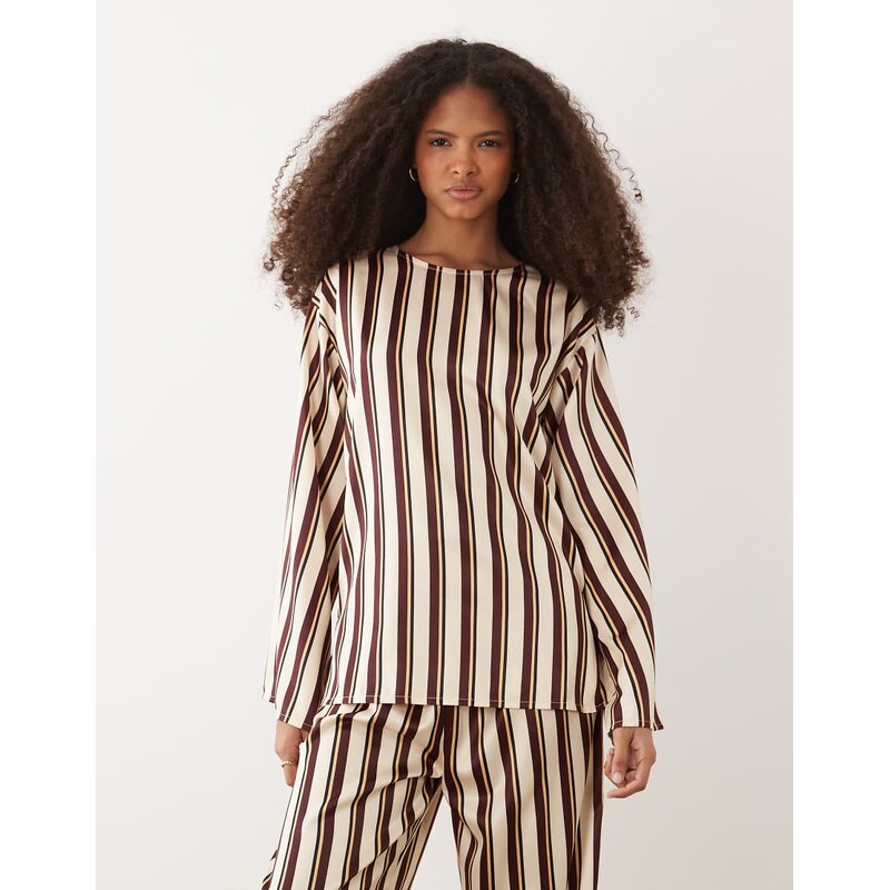 IYAL satin wide neck fluted sleeve top co-ord in brown stripe-Multi 114856343
