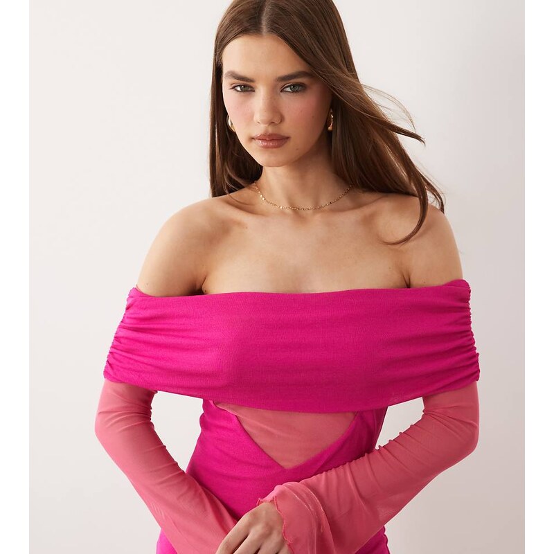 Kaiia exclusive textured mesh bardot angel sleeve sheer panel