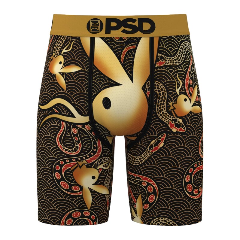PSD Boxerky Playboy Snake hořčicová / světle červená / černá