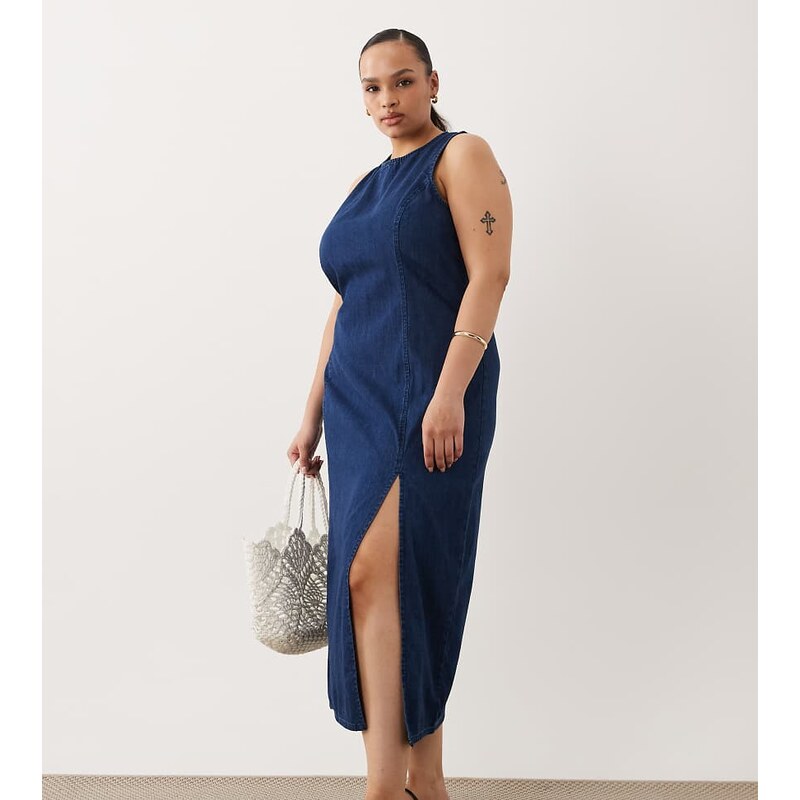 ASOS Curve ASOS DESIGN Curve denim fitted midi dress in rich mid