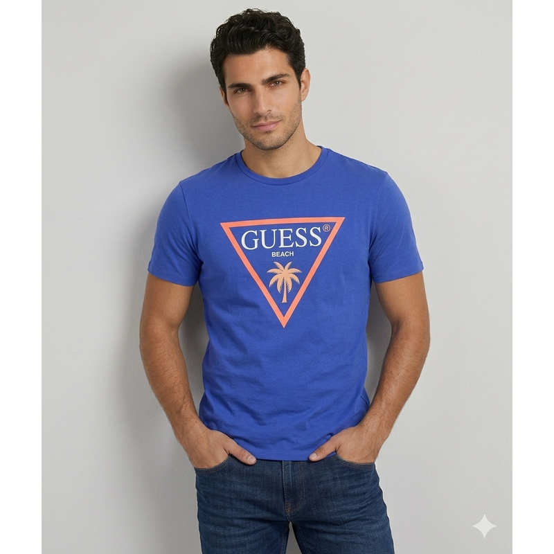 Guess ss cn new triangle palm tee FLORESCENT BLUE