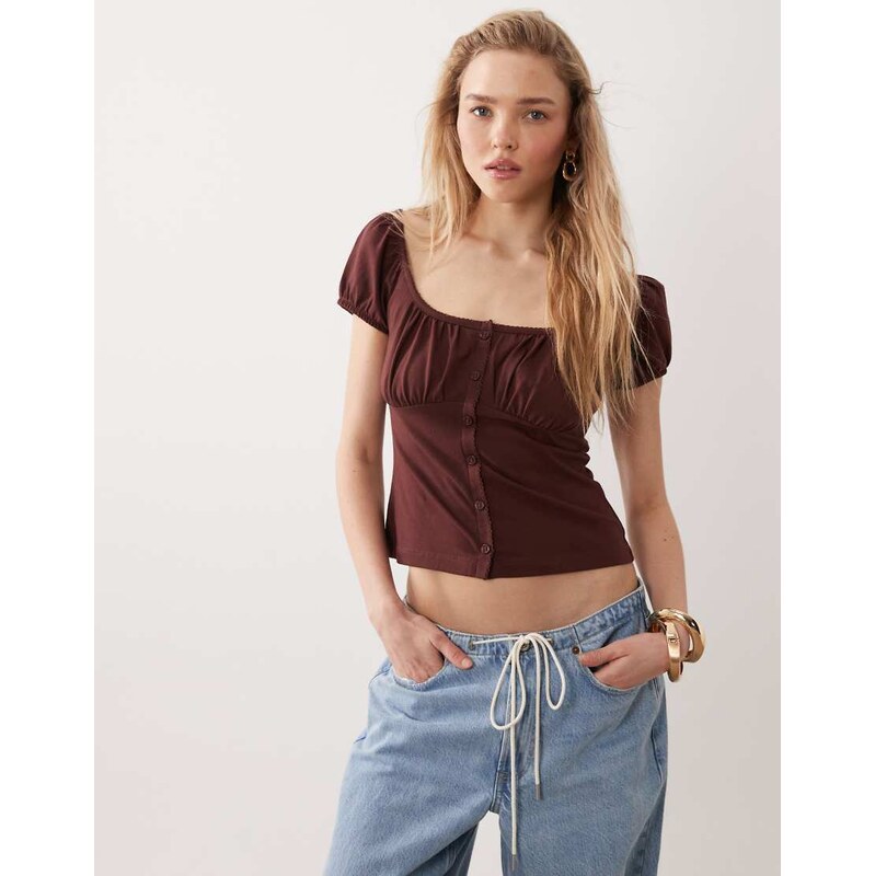 Miss Selfridge button detail milkmaid top in chocolate-Brown
