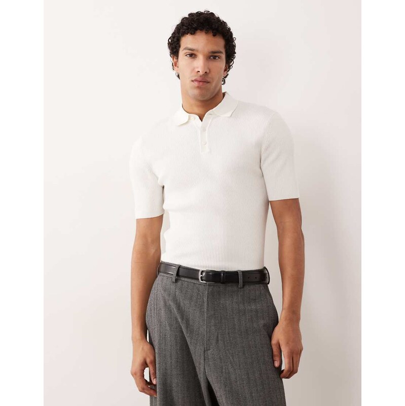 ASOS DESIGN essential muscle-fit fine-rib knit polo in off-white