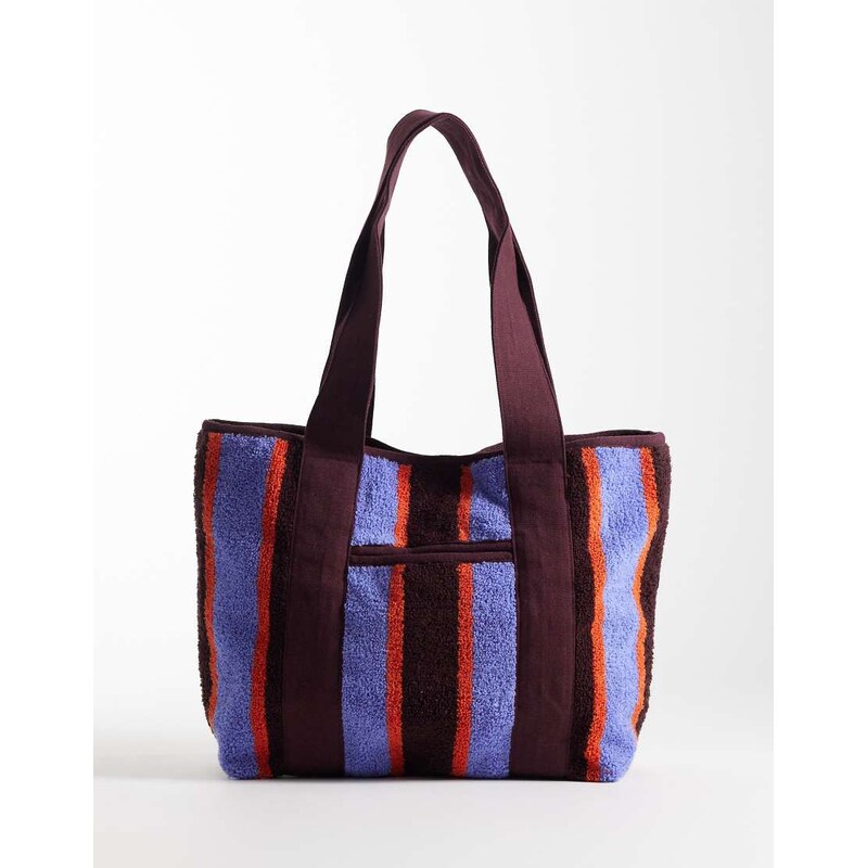 ASOS DESIGN tote bag in purple and brown striped towelling-Multi