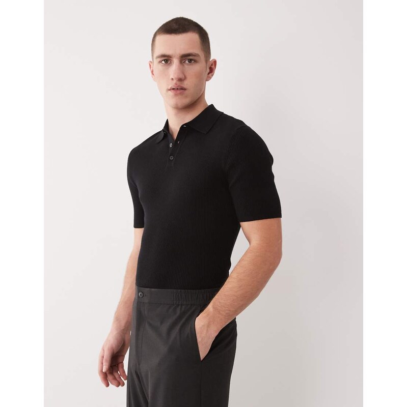 ASOS DESIGN Essential muscle-fit fine-rib knit polo in black