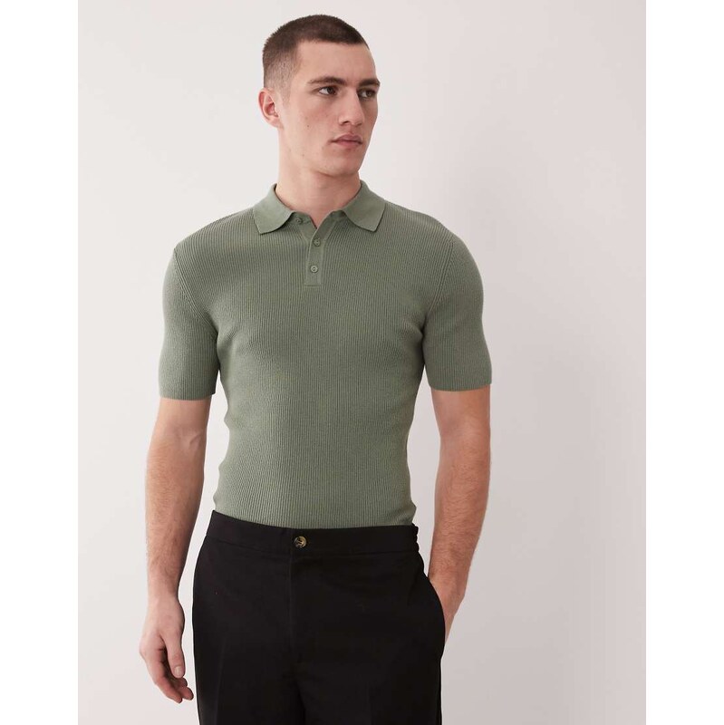 ASOS DESIGN Essential muscle-fit fine-rib knit polo in dark sage