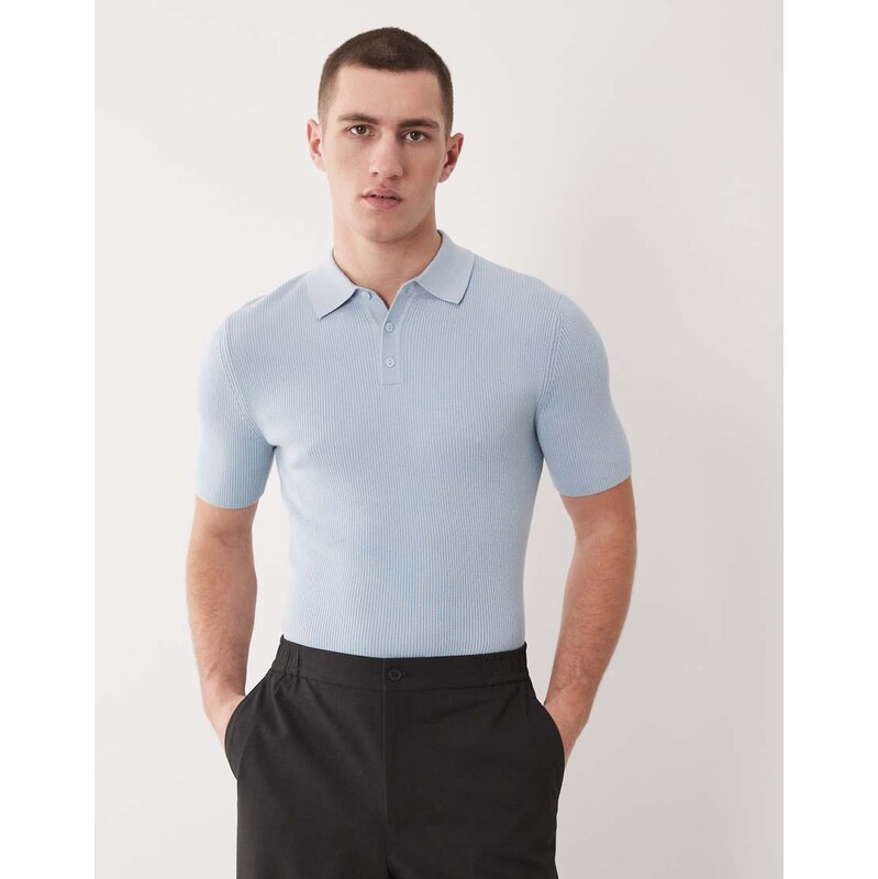 ASOS DESIGN Essential muscle-fit fine-rib knit polo in blue
