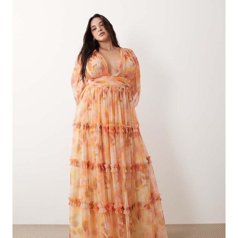 Lace & Beads Plus tulle balloon sleeve ruffle detail maxi dress in 115523023