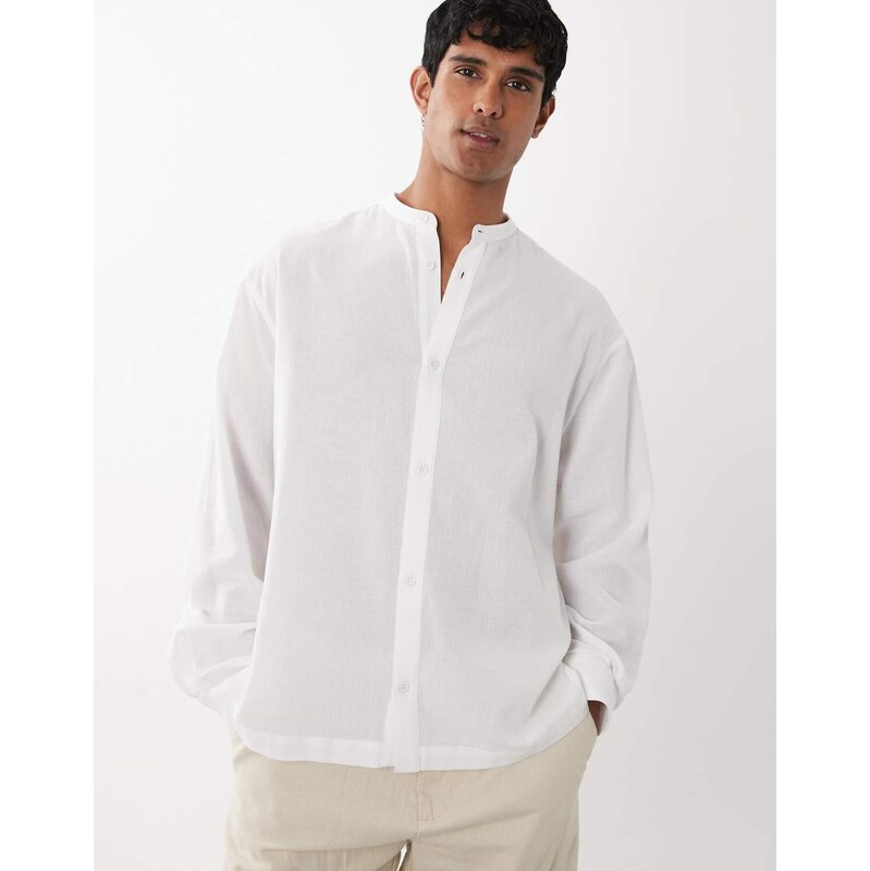 ASOS DESIGN oversized linen look shirt with grandad collar in