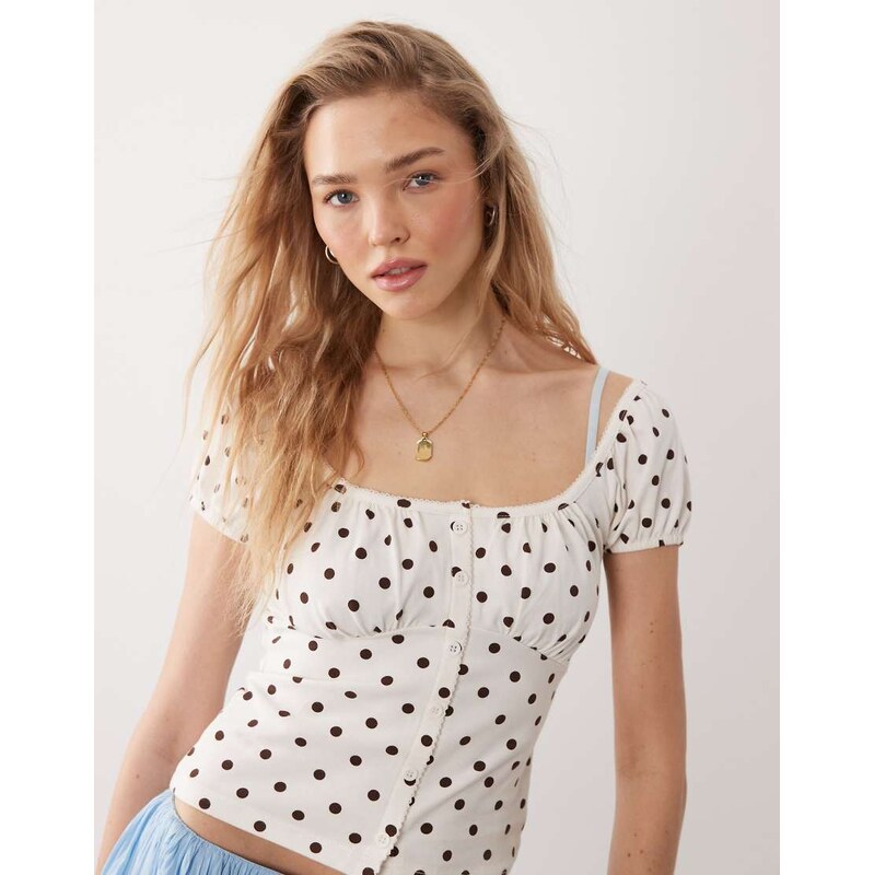 Miss Selfridge button detail milkmaid top in polka dot-Multi 115516985