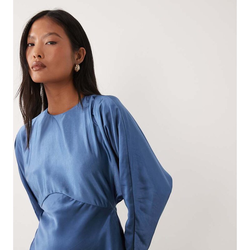 ASOS Petite ASOS DESIGN Petite satin batwing maxi dress in navy 115299588